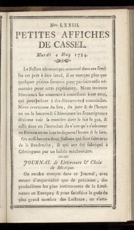 No LXXIII (Mardi 4 May 1784)