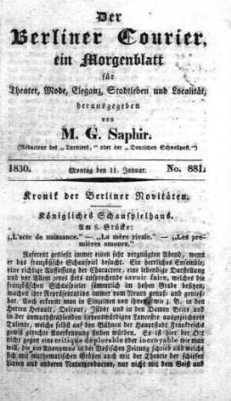 No. 881, Montag den 11. Januar 1830