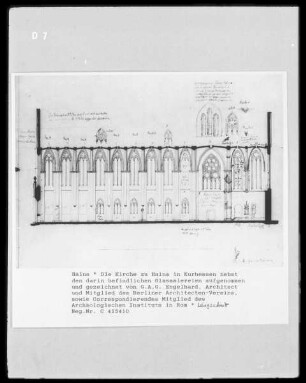 Die Kirche zu Haina in Kurhessen nebst den darin befindlichen Glasmalereien - aufgenommen und gezeichnet von G.A.G. Engelhard, Architect und Mitglied des Berliner Architecten-Vereins, sowie Correspondierendes Mitglied des Archäologischen Instituts in Rom — Längsschnitt der Klosterkirche Haina