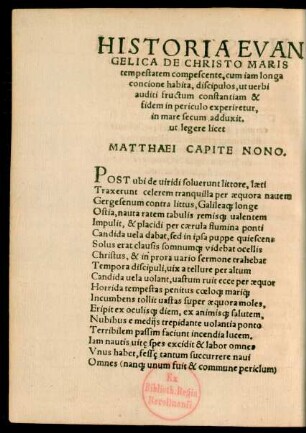 Historia Evangelica De Christo Maris tempestatem compescente ... Matthaei Capite Nono.