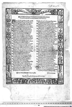Carmen elegiacum Jacobi Locher Philomusi Poetae de lamentabili incendio Patavinae civitatis Bavariae : Anno salutis 1512, 5 Idus Aprilis