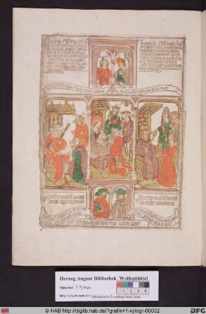 Drei biblische Szenen umgeben von vier Propheten. Links Abner vor König David, mittig Anbetung der Hirten, rechts König Salomo empfängt die König von Saba.