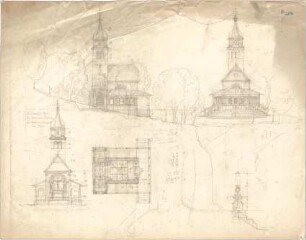 Thiersch, August ; Bad Reichenhall; Hl. Kreuz - Kapelle - Grundriss, Ansichten, Detail
