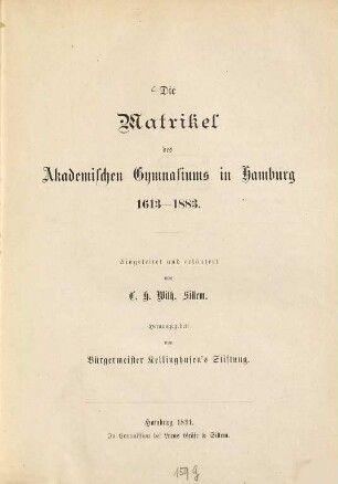Die Matrikel des Akademischen Gymnasiums in Hamburg : 1613 - 1883