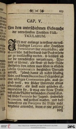 Cap. V: Von dem unterschiedenen Gebrauche der vornehmsten Teutschen Particularum