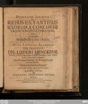 Disputatio Iuridica De Rebus Extantibus Uxorum A Concursu Creditorum Separandis