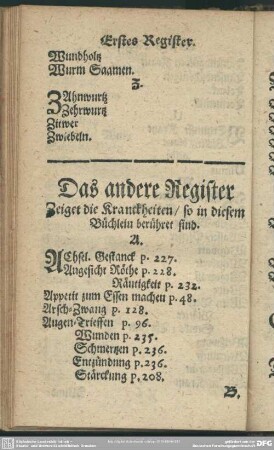 Das andere Register Zeiget die Kranckheiten, so in diesem Büchlein berühret sind