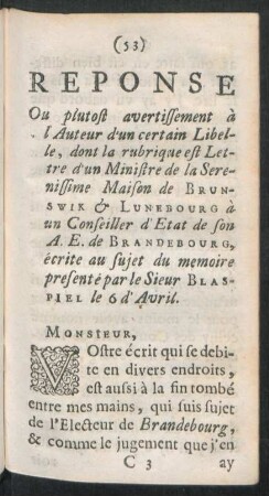 Reponse Ou plutost avertissement à l'Auteur d'un certain Libelle, ...