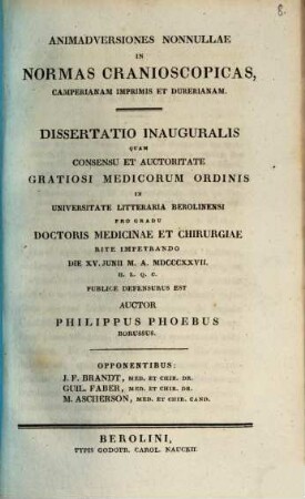 Animadversiones nonnullae in normas cranioscopicas, camperianam imprimis et durerianam : Diss. inaug.