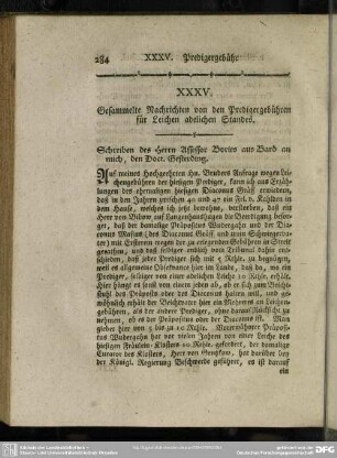 XXXV. Gesammelte Nachrichten von den Predigergebühren für Leichen adelichen Standes
