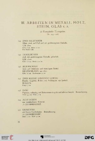 III. Arbeiten in Metall, Holz, Stein, Glas u. a. (Nr. 144-250)