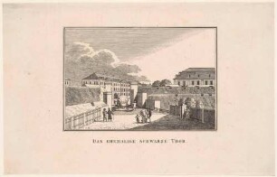 Dresden, das Schwarze Tor in der Neustadt (heute Albertplatz), äußere Ansicht, Blick nach Süden in die Stadt auf Ritterakademie und Dreikönigskirche, aus den Abbildungen zur Chronik Dresdens von 1835