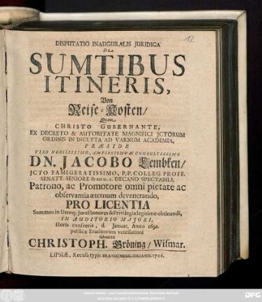 Disputatio Inauguralis Juridica De Sumtibus Itineris