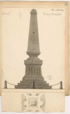 Gefallenendenkmal, Calau Monatskonkurrenz Juni 1877: Lageplan, Aufriss Vorderansicht; Maßstabsleiste