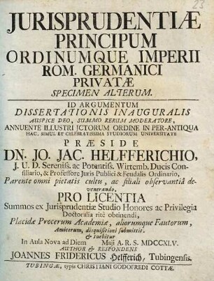Iurisprudentiae principum ordinumque Imperii Rom. Germ. privatae specimen alterum