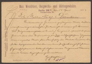 Mitteilungskarte "Max Wendriner", Bergwerks- und Hüttenprodukte, Yorckstraße 18