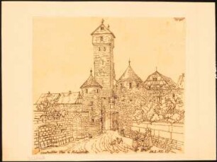 Neustädter Tor, Mellrichstadt: Durchzeichnung: Perspektivische Ansicht des Tores mit den drei Türmen nach: Illustrirte Zeitung, 1872, S. 325