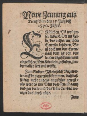 Newe Zeittung aus Trentzschin/ den 15. Julii diß 1590. Jahrs.