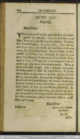 Lettre LXIV. Reponse