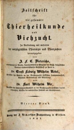 Zeitschrift für die gesammte Thierheilkunde und Viehzucht. 4. 1837