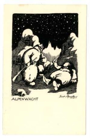 Postkarten mit humoristischen Zeichnungen aus dem Alpenkrieg, jeweils mit Zensurvermerk 06.12.1915: Alpenwacht