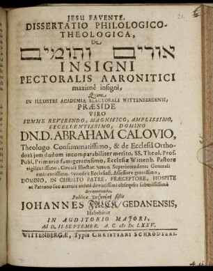 Dissertatio Philologico-Theologica, De [...] Insigni Pectoralis Aaronitici maxime insigni