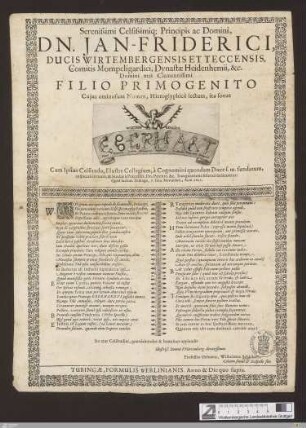Serenissimi Celsissimiq[ue] Principis ac Domini, Dn. Jan-Friderici, Ducis Wirtembergensis et Teccensis ... Filio Primogenito, Cuius ominosum Nomen, Hieroglyphicè lectum, ita sonat Eberhart ... : Quod factum Tubingae, 7. Idus Novembris, Anni 1627 ...