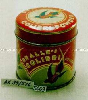 Blechdose für "DRALLE'S COLIBRI POWDER" (Abbildung eines fliegenden Colibris)