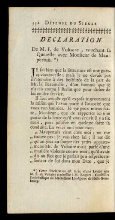 Declaration De M. F. de Voltaire, touchant sa Querelle avec Monsieur De Maupertuis.*)