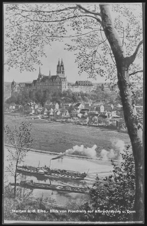 Meißen. Blick von Proschwitz - Elbe mit Dampfer