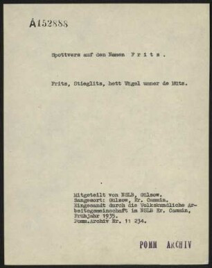Fritz, Stieglitz, hett Vägel unner de Mütz.