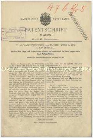 Patentschrift eines Lagers mit zylindrischen Spindeln und exzentrisch zu diesen angeordneten Kugel-Auflagerflächen, Patent-Nr. 41597