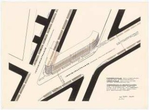 Schauseitengestaltung Frankfurter Allee, Berlin: Lageplan mit Axonometrie des Gebäudes 1:500