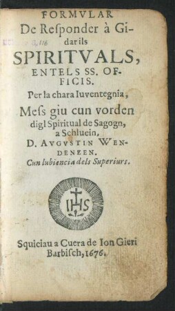 Formular De Responder a Gidar ils Spirituals, Entels SS. Officis : Per la chara Iuventegnia