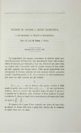 Teoremi su massimi e minimi geometrici, e su normali a curve e superficie.