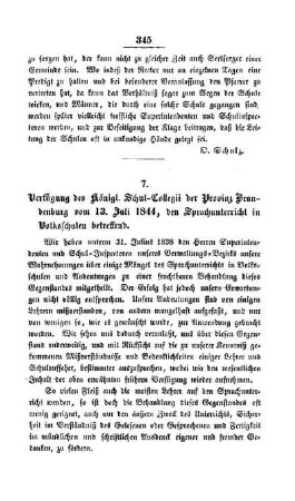 Verfügung des Königl. Schul-Collegii der Provinz Brandenburg vom 13. Juli 1844, den Sprachunterricht in Volksschulen betreffend