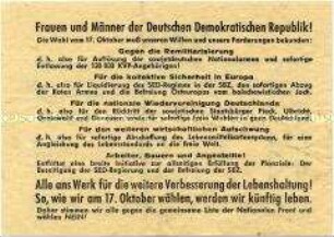 Propaganda-Handzettel der KgU für die Bevölkerung der DDR mit der Aufforderung, bei der Volkskammerwahl 1954 mit "Nein" zu stimmen