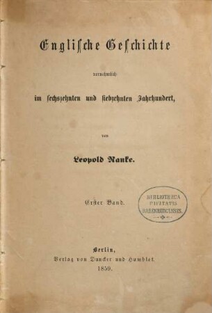 Englische Geschichte vornehmlich im sechzehnten und siebzehnten Jahrhundert, 1