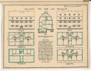 Eingebautes Wohnhaus Monatskonkurrenz November 1924: Grundriss Keller, Erdgeschoss, Obergeschoss, Dachgeschoss, Aufriss Straßenansicht, Hofansicht, Längsschnitt 1:100; Maßstabsleiste, Erläuterungstext