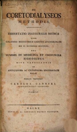 De Coretodialyseos Methodis : Dissertatio Inauguralis Medica