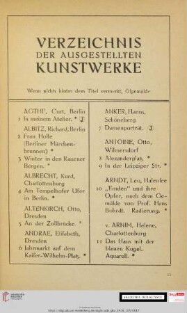 Verzeichnis der ausgestellten Kunstwerke