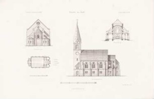 Kirche, Hoff: Grundriss, Choransicht, Seitenansicht, Schnitt AB (aus: Atlas zur Zeitschrift für Bauwesen, hrsg. v. L.v.Tiedemann, Jg. 33, 1883)