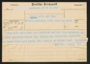 Brief von Victor Hahn an Gerhart Hauptmann und Margarete Hauptmann