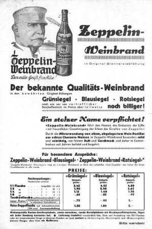 Werbeblatt für "Zeppelin-Weinbrand" der Fa. Steigerwald AG