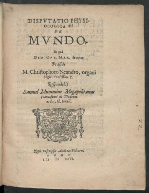 Disputatio Physiologica VI. De Mundo.