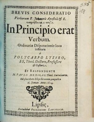Brevis Consideratio Verborum B. Johannis Apostoli & Evangelistae cap. I. vers. I. In Principio erat Verbum