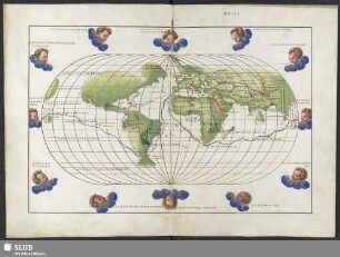 [Ovale Weltkarte mit Route der Weltumseglung Magellans und Route Spanien-Peru, umrahmt von den zwölf Winden]