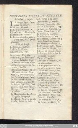 Nouvelles Pieces De Théatre détachées, depuis 1747 jusqu'á ce jour.