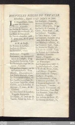 Nouvelles Pieces De Théatre détachées, depuis 1747 jusqu'á ce jour.