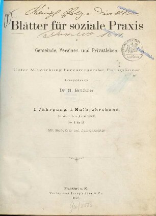 Blätter für soziale Praxis in Gemeinden, Vereinen und Privatleben. 1. 1893, Halbbd. 1